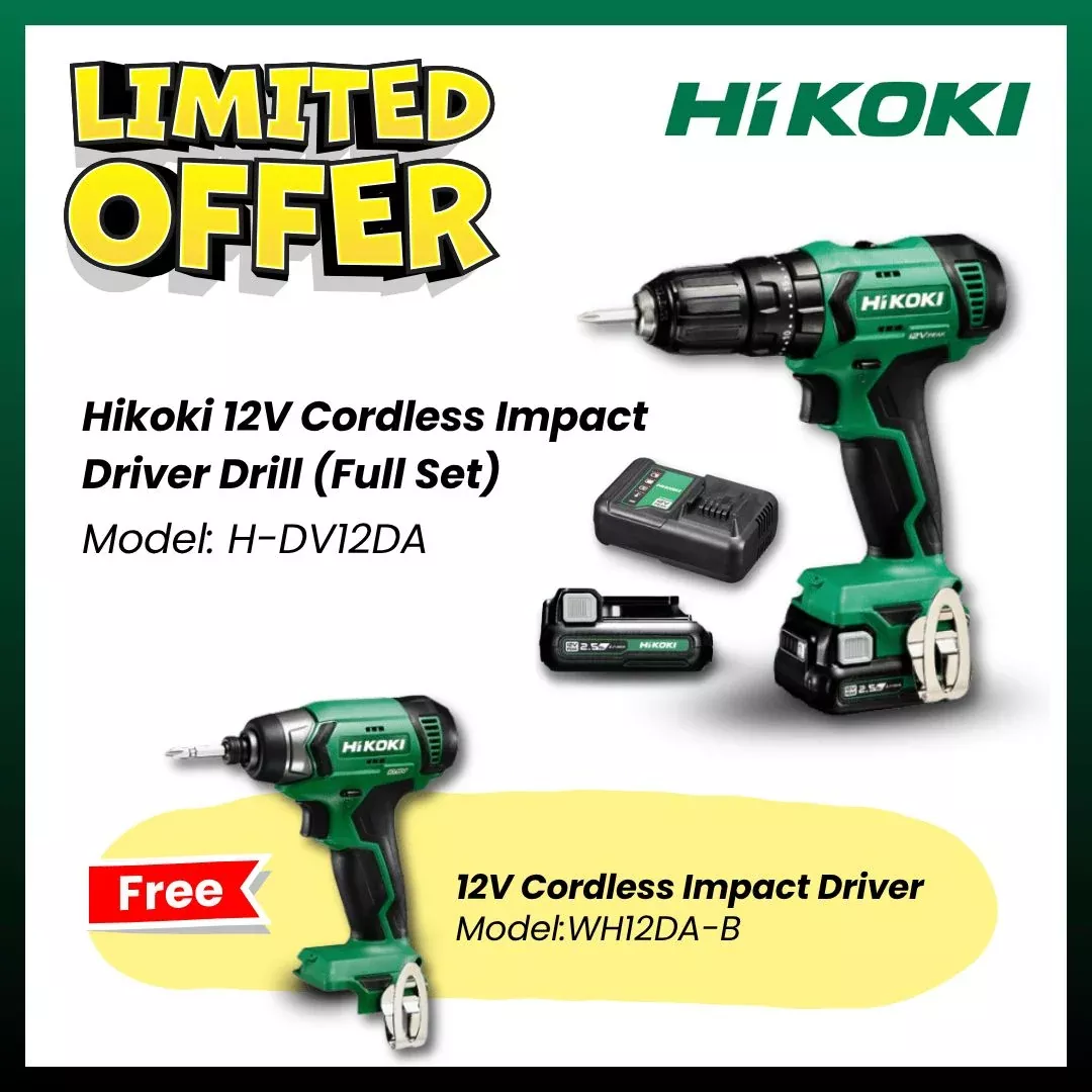 【COMBO 2】 Hikoki DV12DA 12V Cordless Impact Driver Drill | Model: H-DV12DA + FREE Hikoki 12V Peak 6.35mm Bare Tool Cordless Impact Driver (Body Only) | Model : WH12DA-B