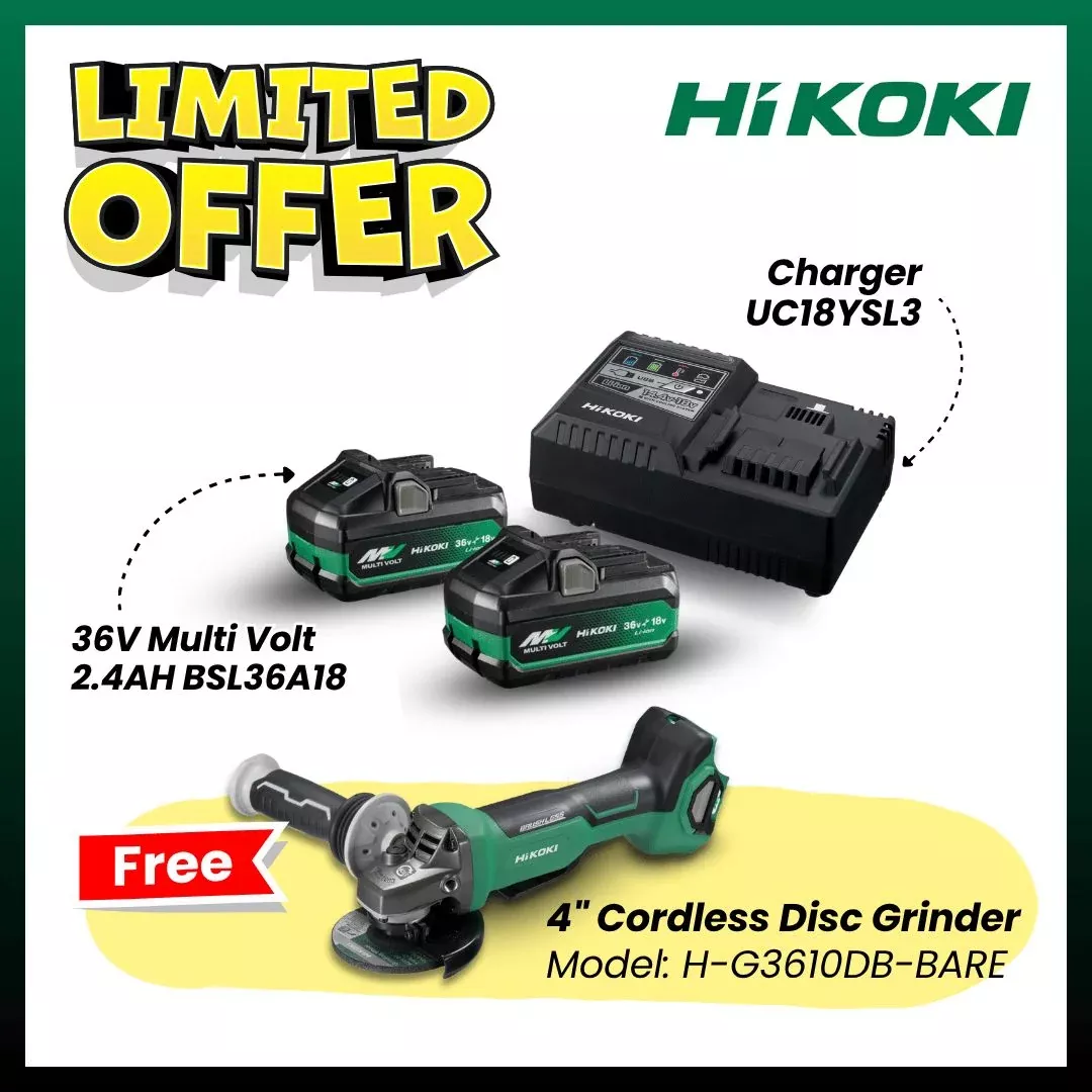 【COMBO 3】 Hikoki 36V Battery Starter Pack 3 (2x 36V Multi Volt 2.4AH BSL36A18 + 1x Charger UC18YSL3) Kit | Model: H*STARTER PACK 3 + FREE Hikoki 36V Cordless 4" Disc Grinder G3610DB (Body Only) | Model: H-G3610DB-BARE