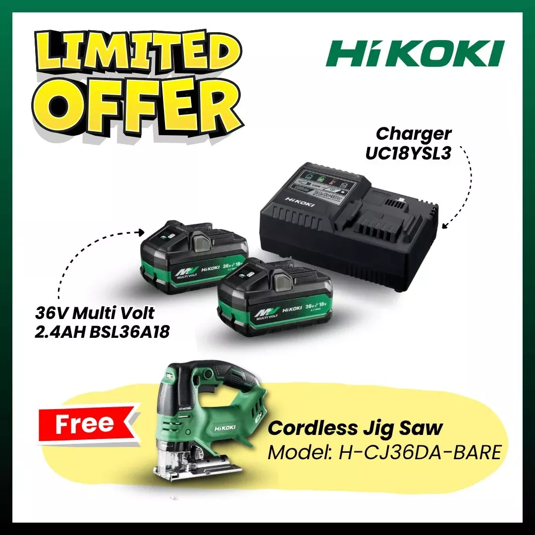 【COMBO 4】 Hikoki 36V Battery Starter Pack 3 (2x 36V Multi Volt 2.4AH BSL36A18 + 1x Charger UC18YSL3) Kit + FREE 36V Cordless Jig Saw H-CJ36DA-BARE| Model: H*STARTER PACK 3